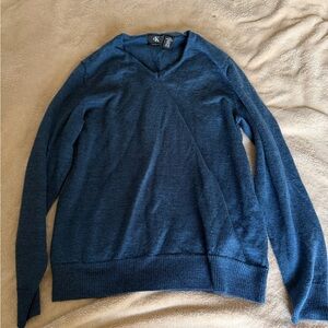 Calvin Klein 100% Extra Fine Merino Wool V-Neck Sweater - Blue - Large
